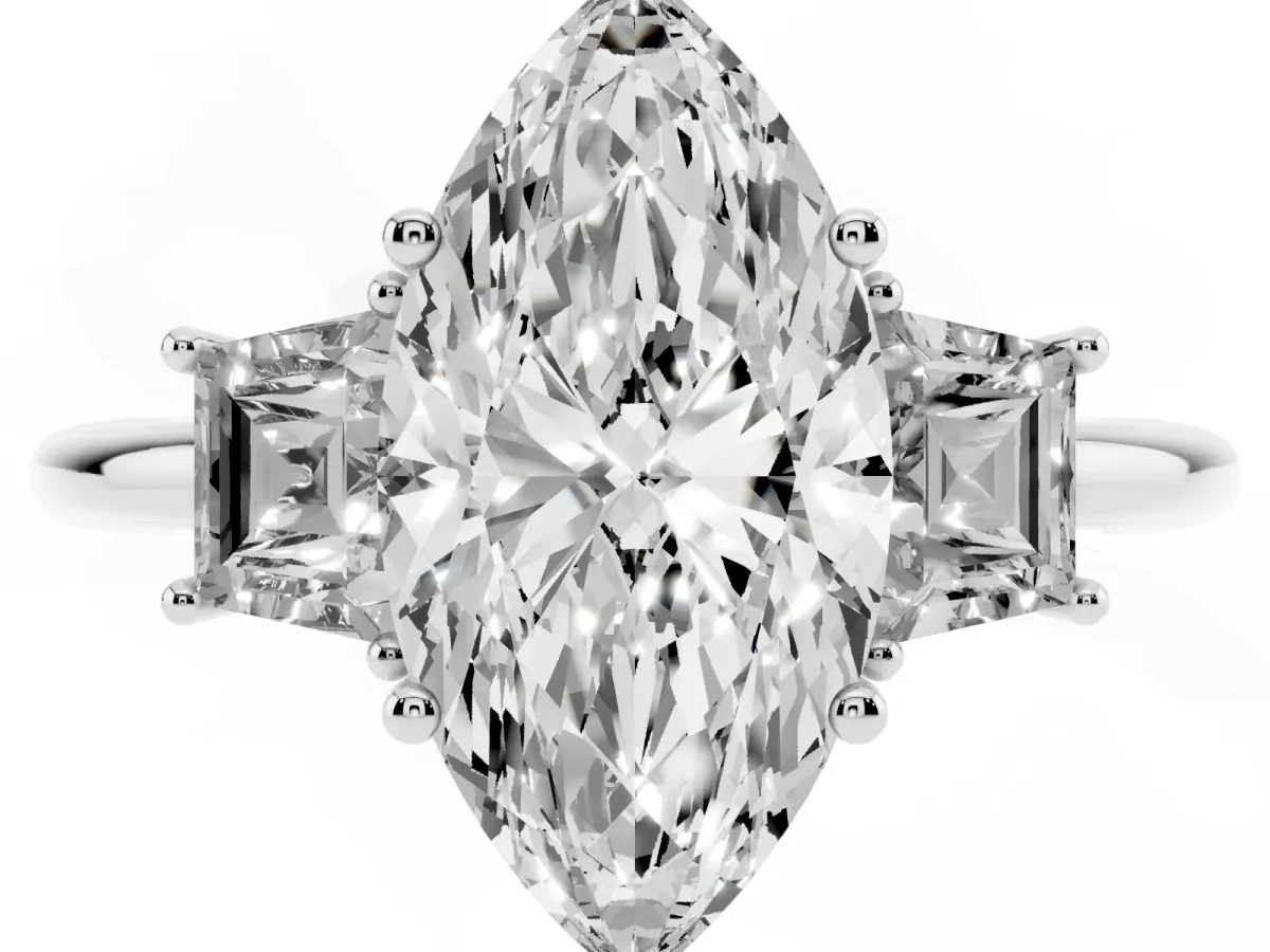 Marquise Cut Diamond Three-Stone Ring with Trapezoid Side Stones and Prong Setting White gold