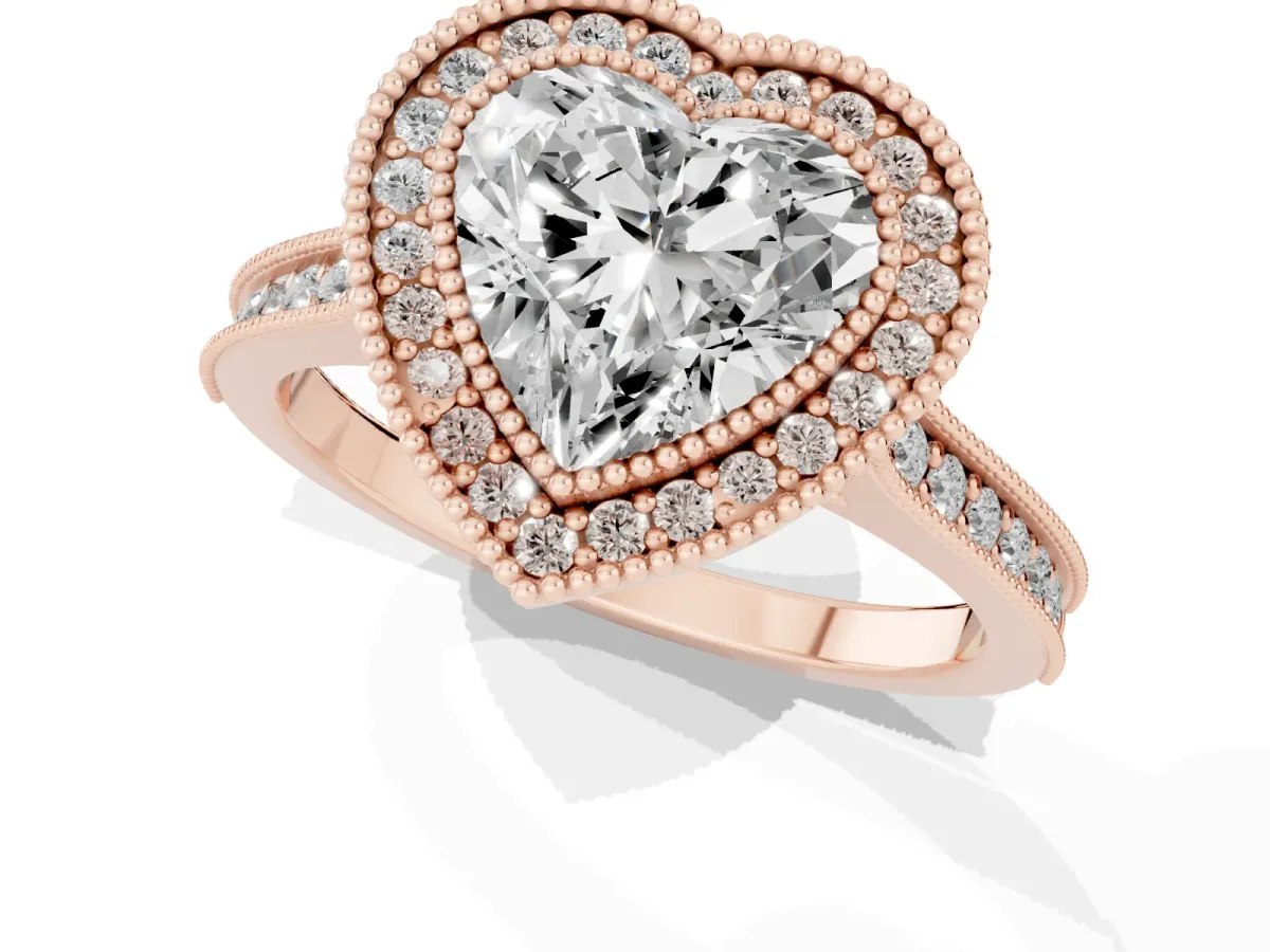 Halo Heart Cut-Cut Diamond Pave Band Milgrain Prong Setting Ring Rose gold