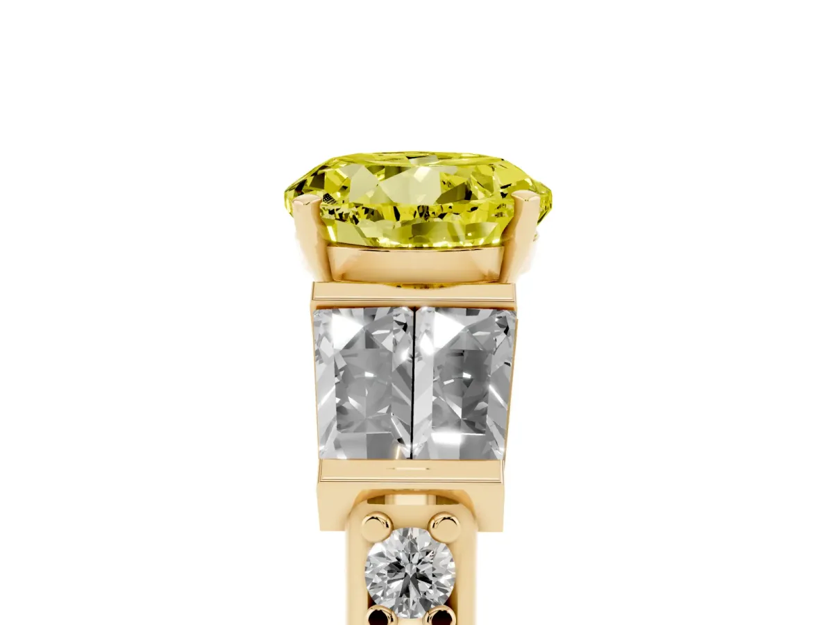 Fancy Yellow Round Cut Diamond Engagement Ring with Baguette Side Stones and Channel Set Band Yellow gold