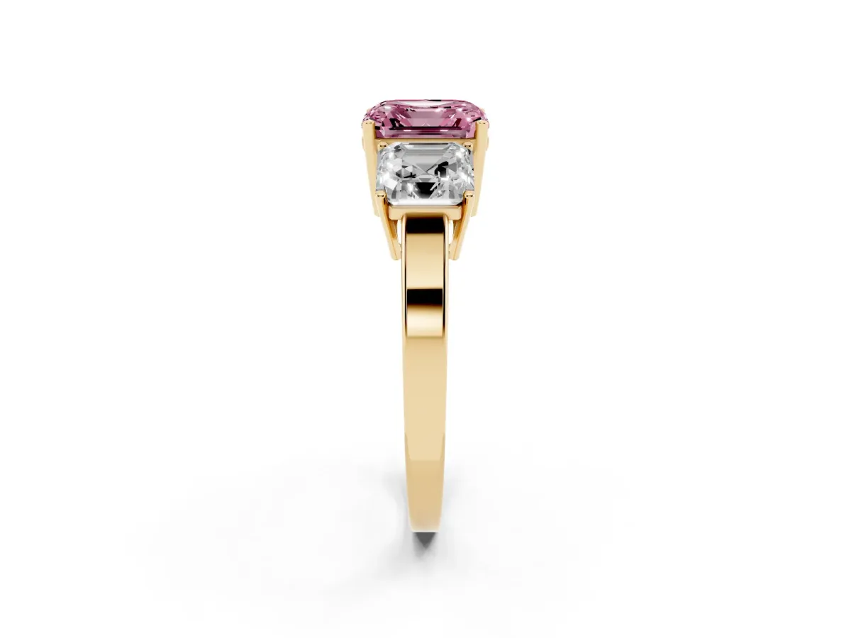 Fancy Pink Three-Stone Asscher Cut Cut Diamond Engagement Ring with Flat Band and Four-Prong Setting Yellow gold