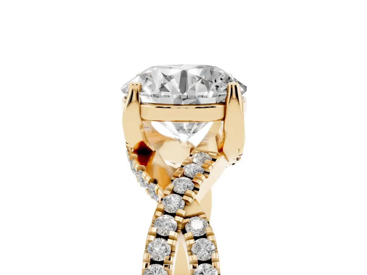 Round Cut Solitaire Twist Pave Diamond Engagement Ring with Prong Setting Yellow gold