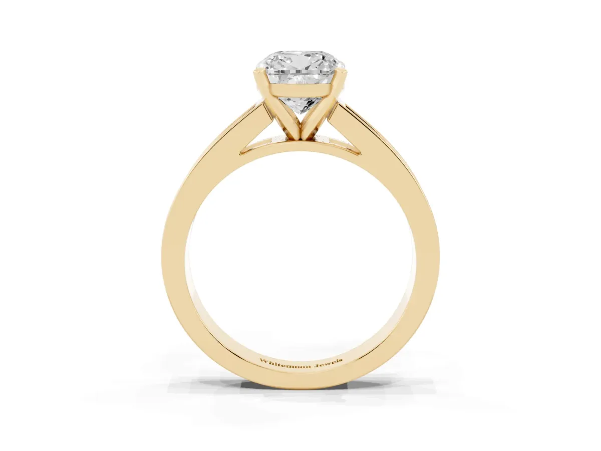 Cushion Cut Solitaire Diamond Ring with Channel-Set Band and Four-Prong Setting Yellow gold