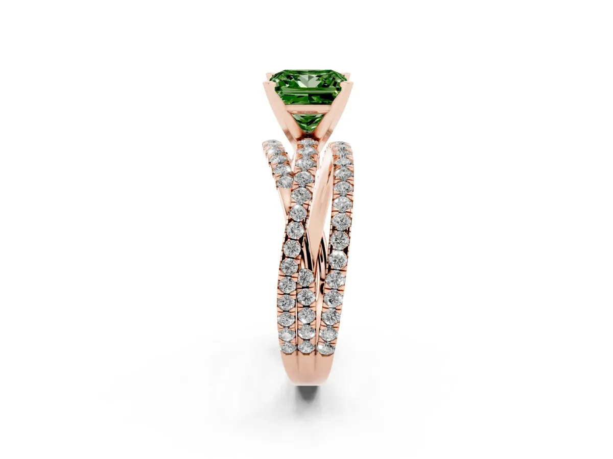 Fancy Green Princess Cut Solitaire Twist Band with Pavé Setting and Four-Prong Setting Rose gold