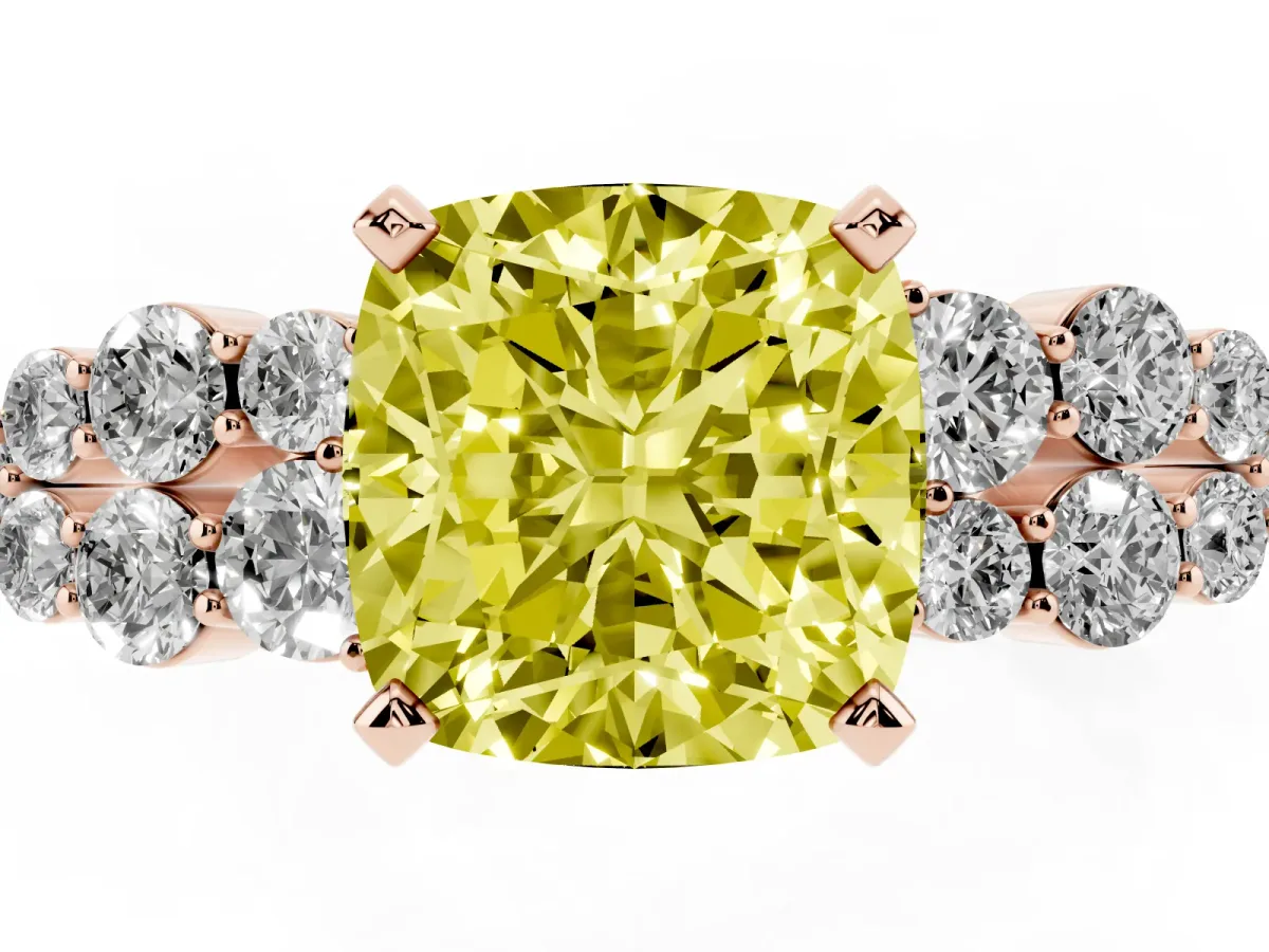 Fancy Yellow Cushion Cut Cluster Diamond Engagement Ring with Pavé Band and Four-Prong Setting Rose gold