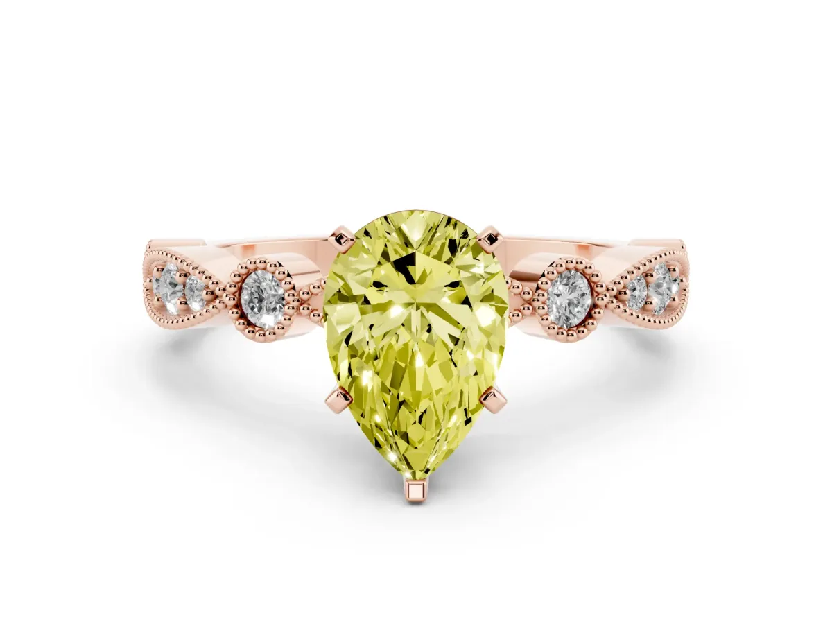 Fancy Yellow Pear Cut Milgrain Bezel Diamond Engagement Ring with Solitaire Prong Setting Rose gold
