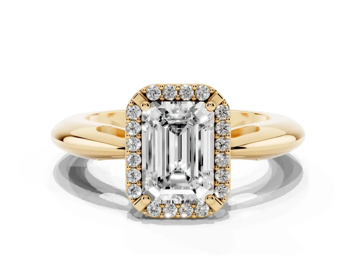 Emerald Cut Cut Diamond Halo Engagement Ring with Split Shank and Four-Prong Setting Yellow gold