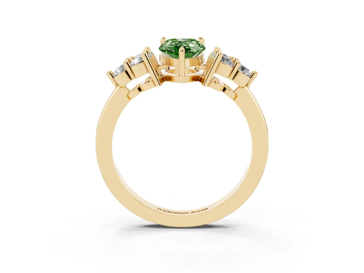 Fancy Green Pear Cut Brilliant Diamond Cluster Accent Solitaire Ring with Prong Setting Yellow gold