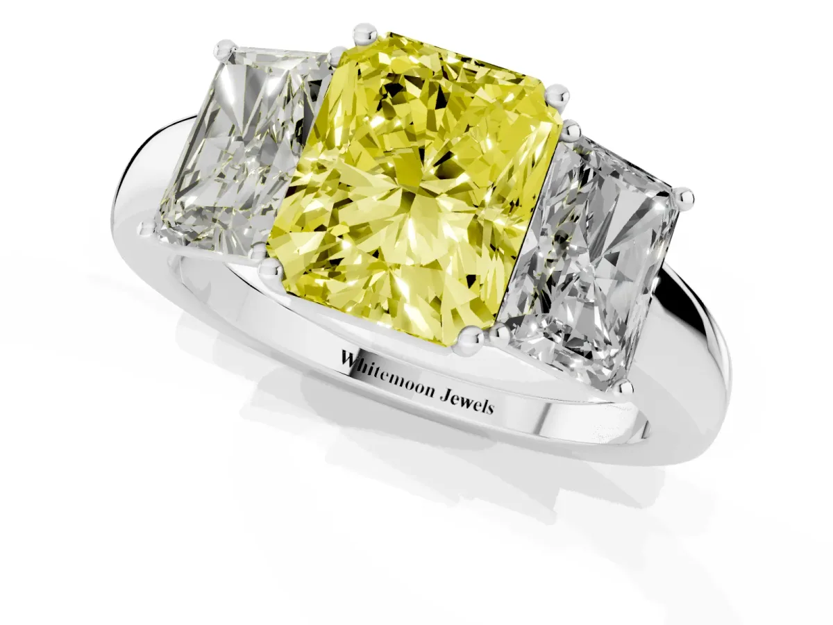 Fancy Yellow Radiant Cut Diamond Three-Stone Ring with Four-Prong Setting and Classic Band Silver