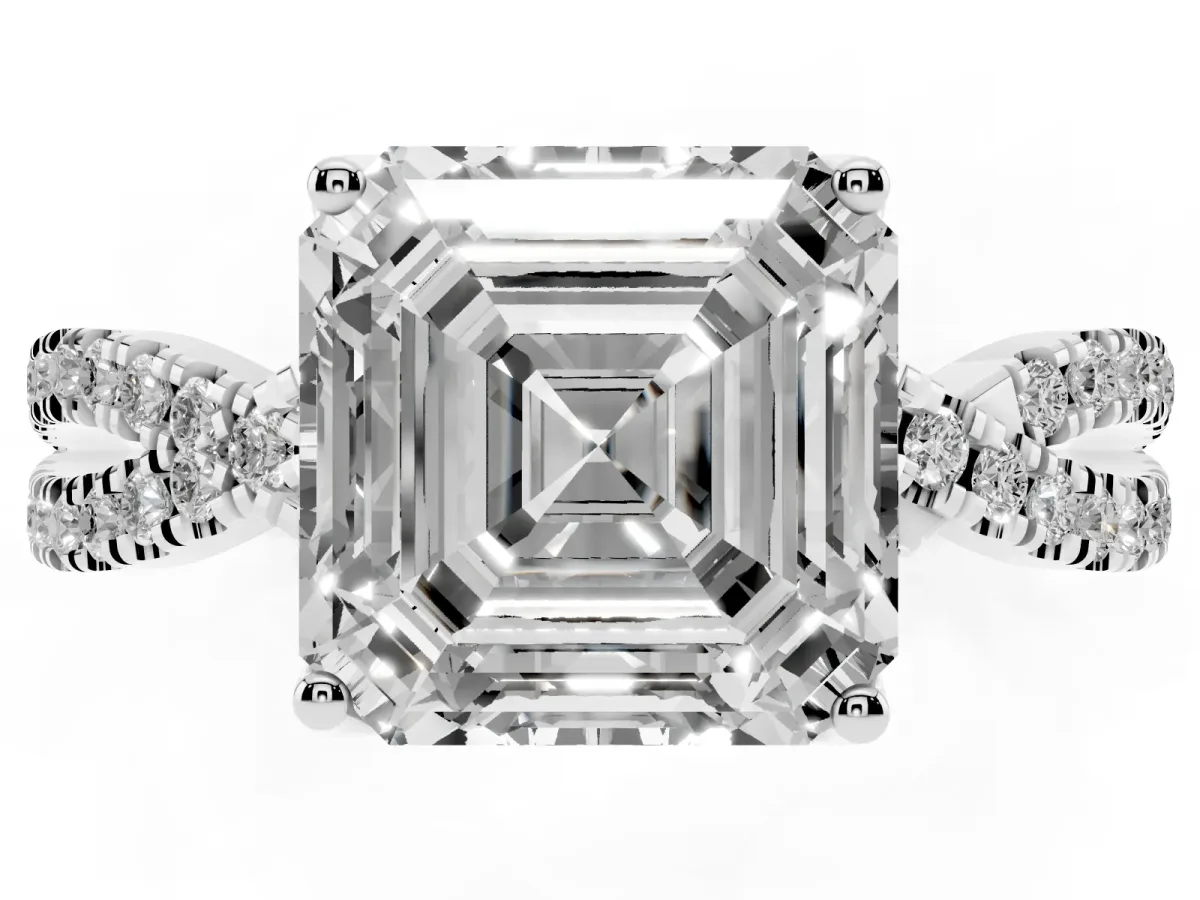 Asscher Cut Solitaire Twist Pave Diamond Engagement Ring with Prong Setting Silver