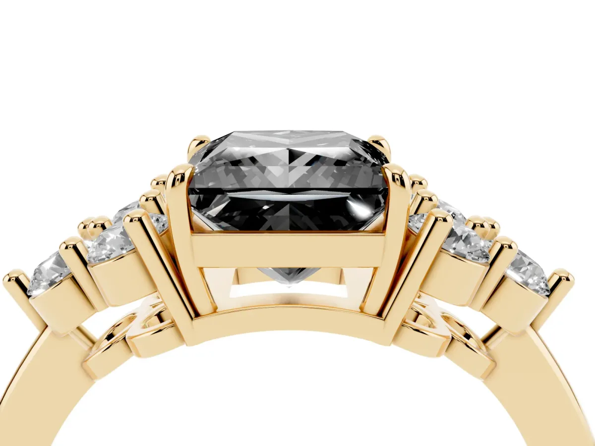 Fancy Black Princess Cut Brilliant Diamond Cluster Accent Solitaire Ring with Prong Setting Yellow gold