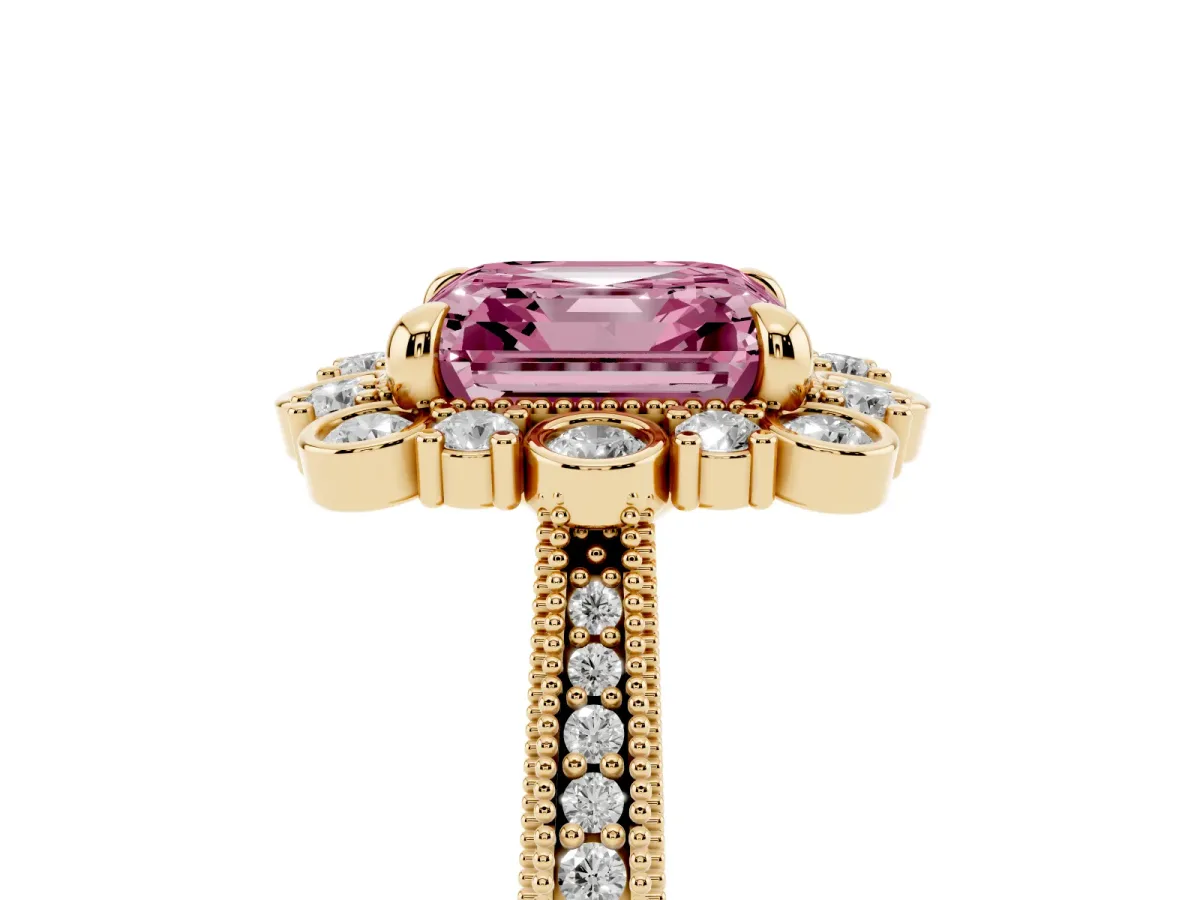 Fancy Pink Asscher Cut Halo Milgrain Pave Diamond Ring with Four-Prong Setting Yellow gold