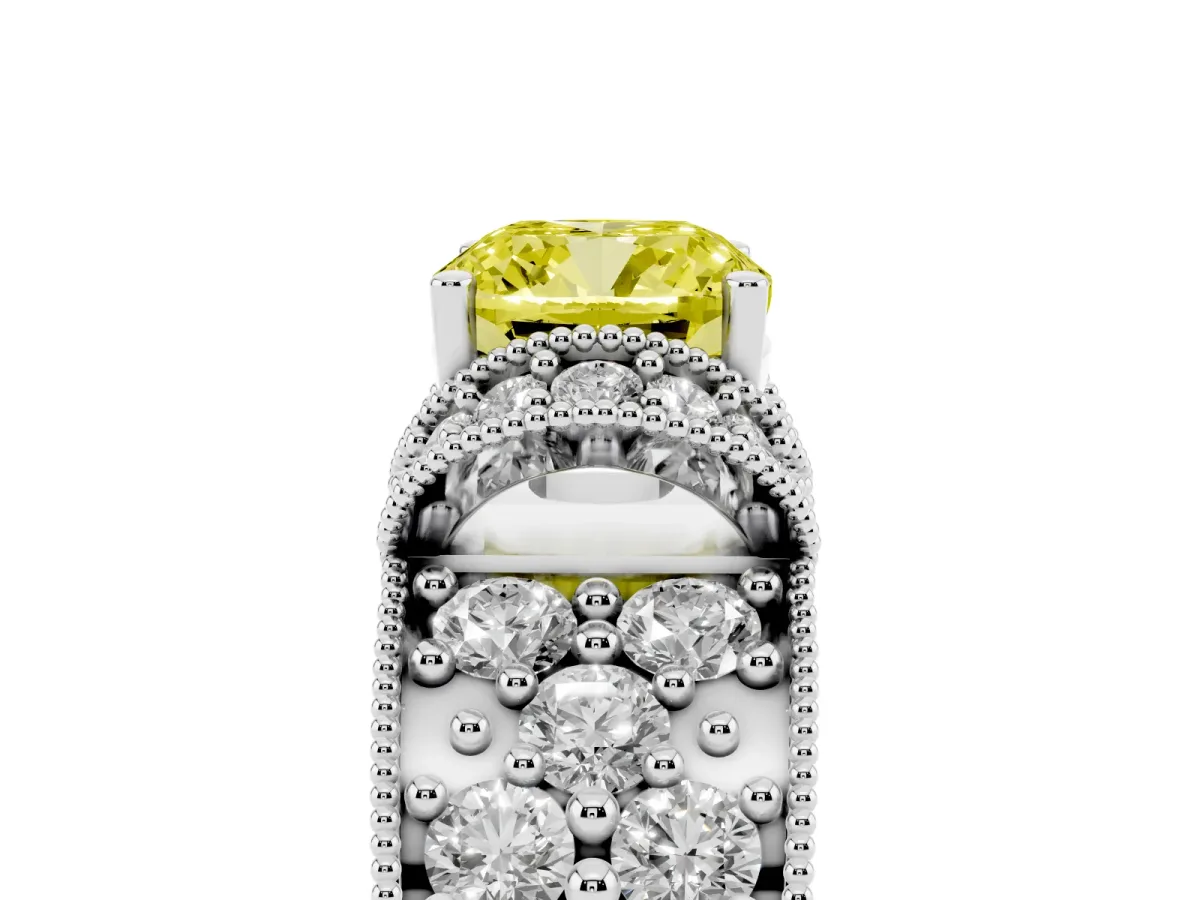 Fancy Yellow Cushion Cut Halo Pave Diamond Engagement Ring with Milgrain Detailing Platinum