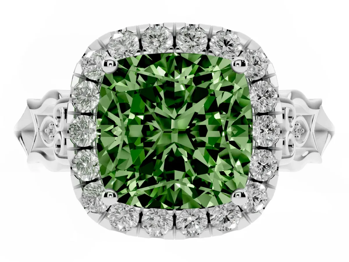 Fancy Green Cushion Cut Halo Diamond Engagement Ring with Filigree Band and Four-Prong Setting Silver