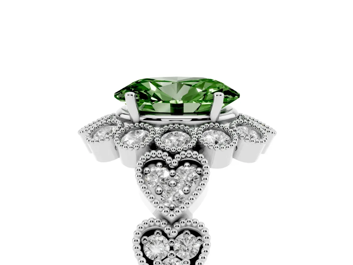 Fancy Green Oval Cut Brilliant Milgrain Pave Heart Band Solitaire Ring White gold