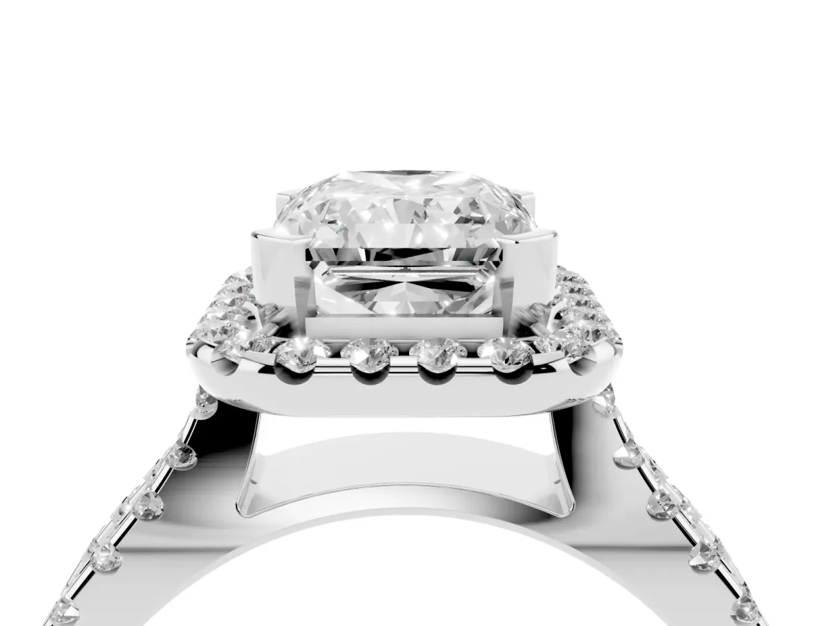 Radiant Cut Diamond Halo Ring with Split Shank Pavé Band and Prong Setting Silver