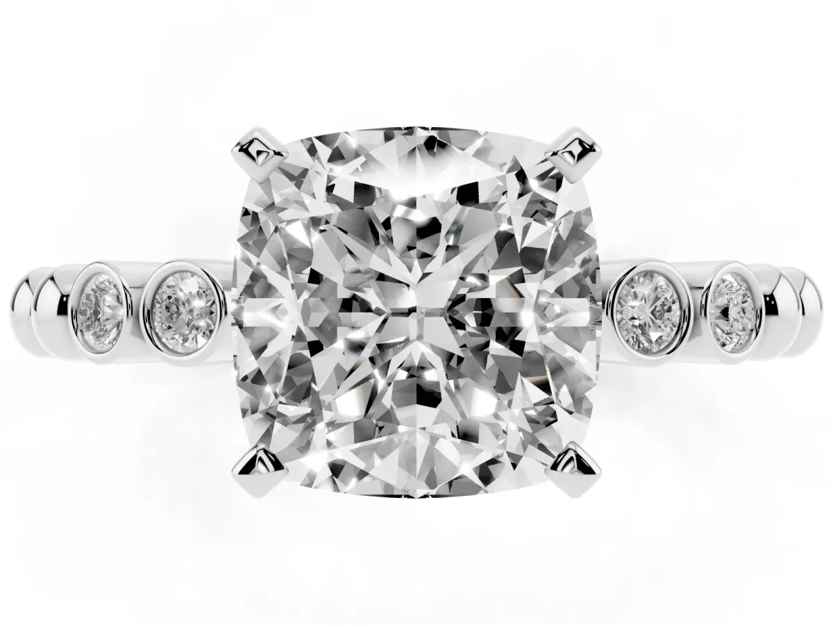 Cushion Cut Solitaire Bezel Accent Diamond Engagement Ring with Beaded Band and Four-Prong Setting Silver