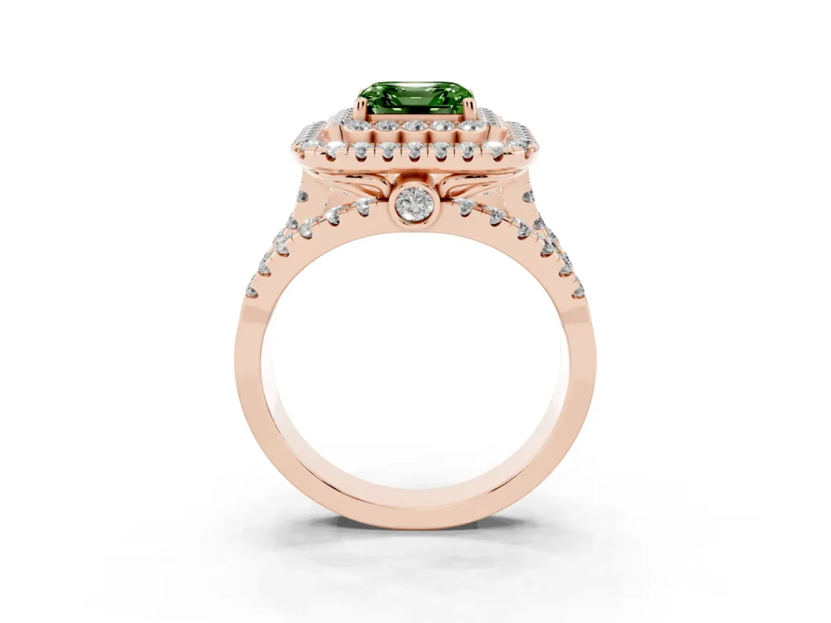 Fancy Green Asscher Cut Diamond Double Halo Ring with Round Pavé Split Shank and Prong Setting Rose gold