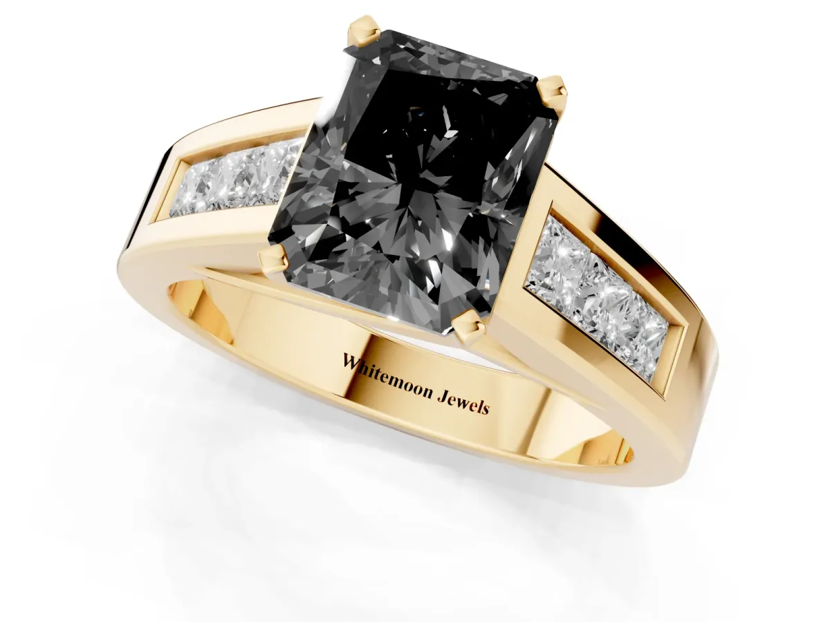 Fancy Black Radiant Cut Cut Channel Set Solitaire Ring with Four-Prong Setting Yellow gold