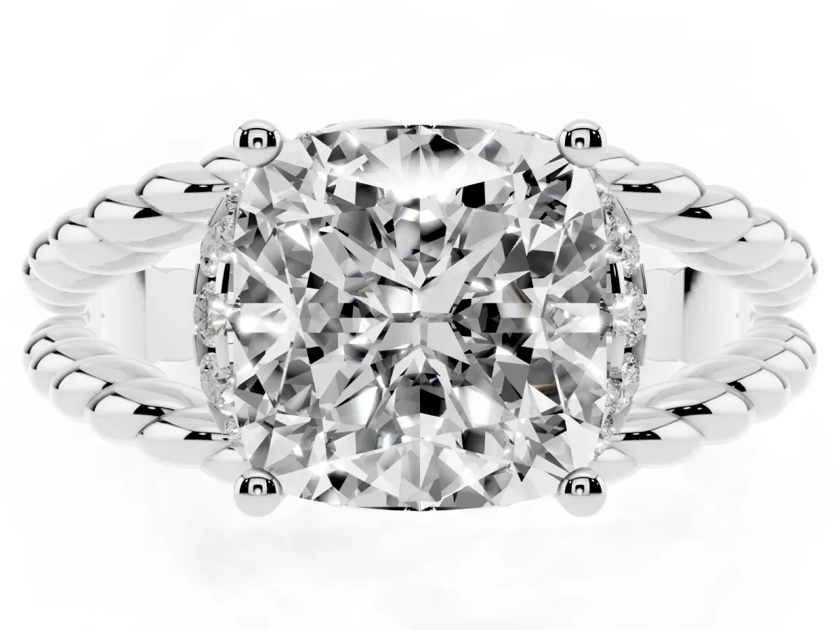 Cushion Cut Halo Twisted Band Four-Prong Ring Silver