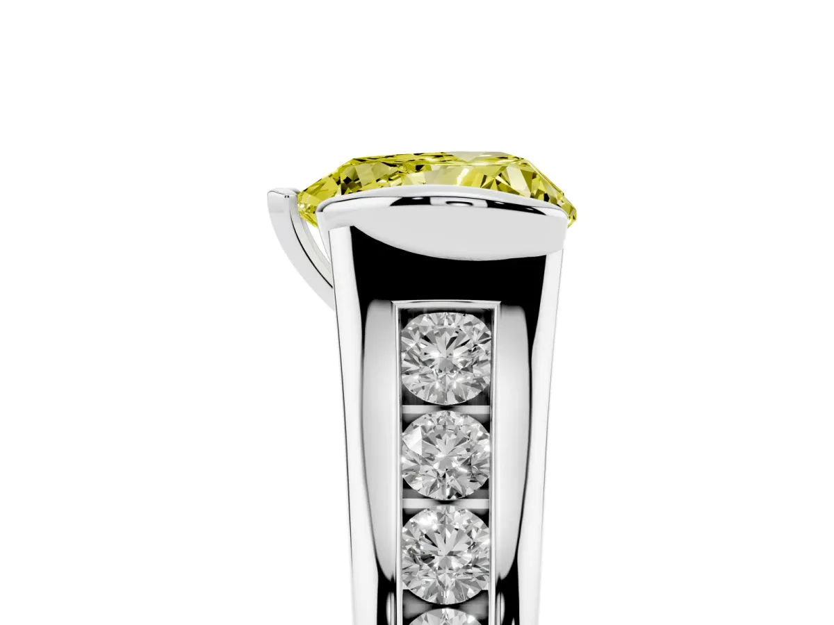 Fancy Yellow Heart Cut Solitaire Bezel-Set Diamond Ring with Channel-Set Band Silver