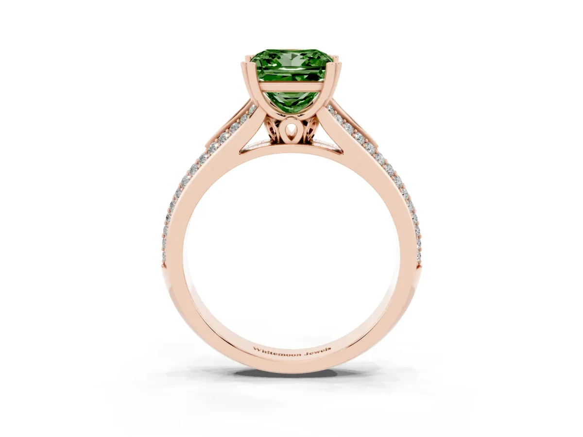 Fancy Green Princess Cut Diamond Split Shank Engagement Ring with Pavé Band Rose gold