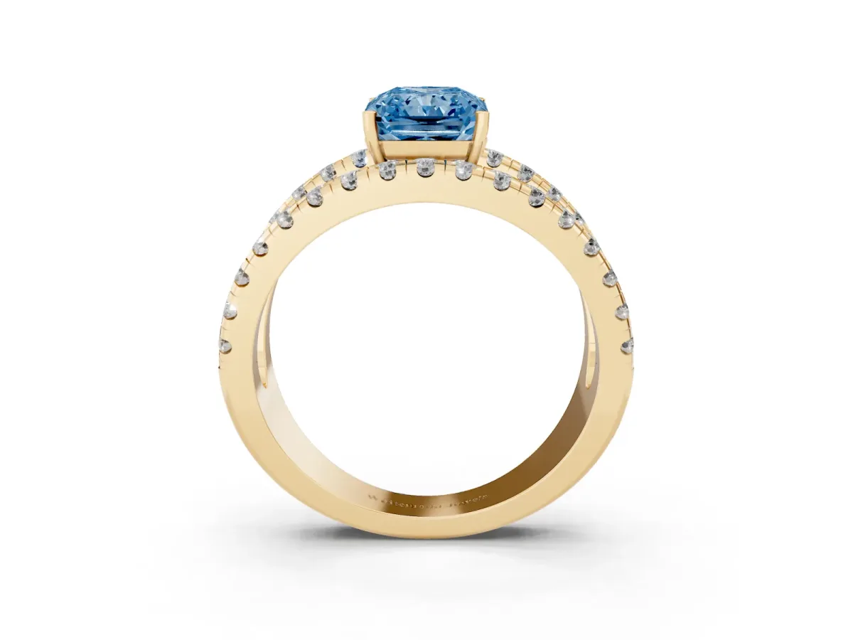 Fancy Blue Radiant Cut Solitaire Split Shank Pave Diamond Ring Yellow gold