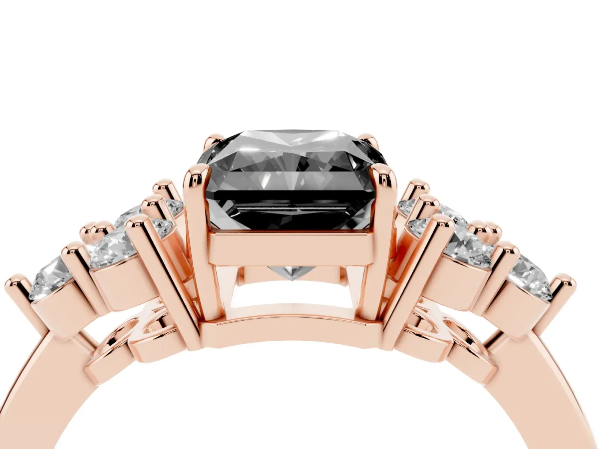 Fancy Black Radiant Cut Brilliant Diamond Cluster Accent Solitaire Ring with Prong Setting Rose gold