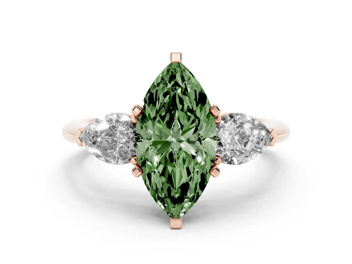 Fancy Green Three-Stone Marquise Cut Diamond Ring with Pear Side Stones and Four-Prong Setting Rose gold