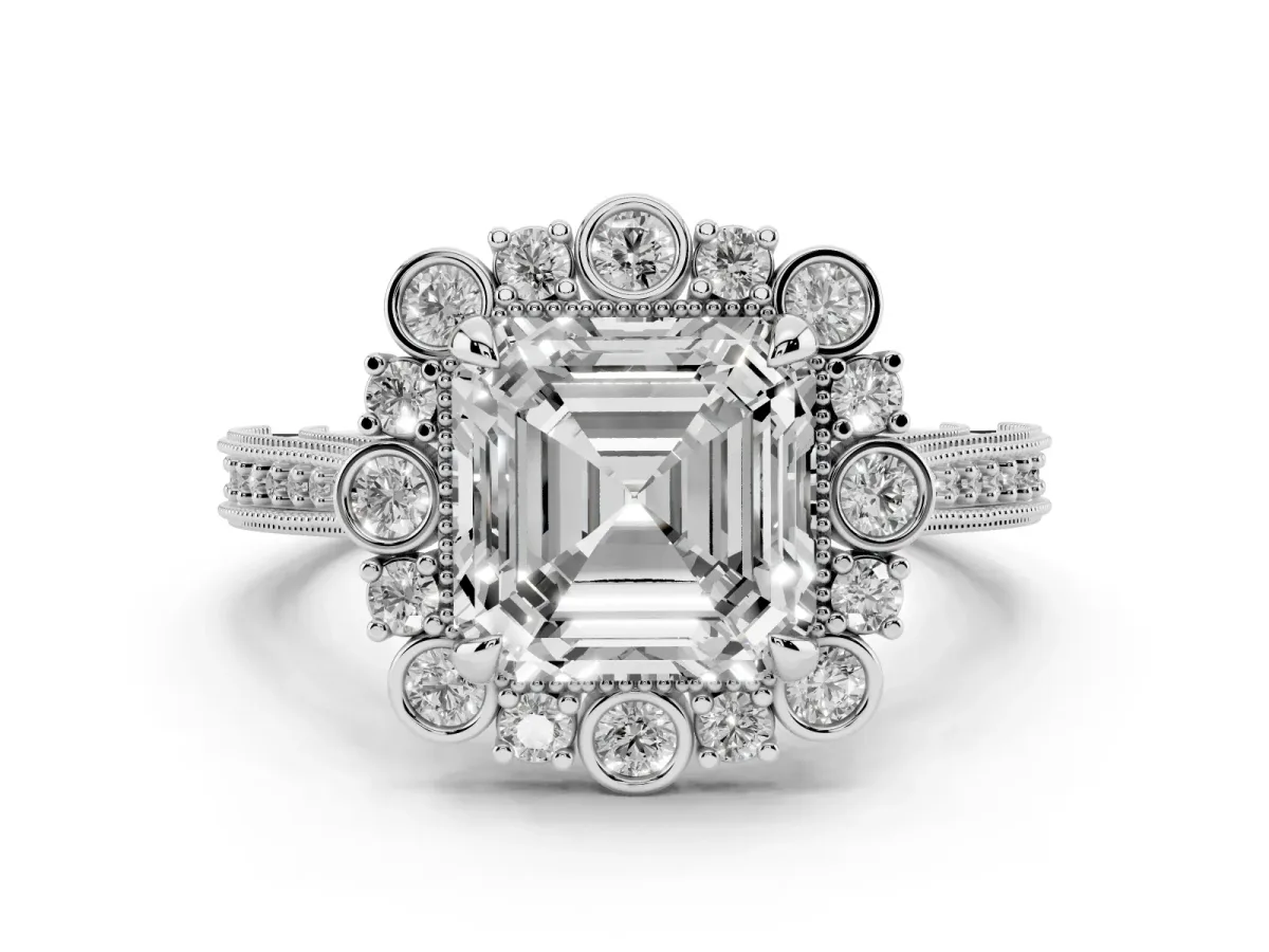 Asscher Cut Halo Milgrain Pave Diamond Ring with Four-Prong Setting Silver