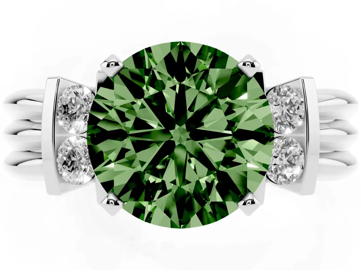 Fancy Green Round Cut Cut Three-Stone Channel Set Ring with Bar Prongs Silver