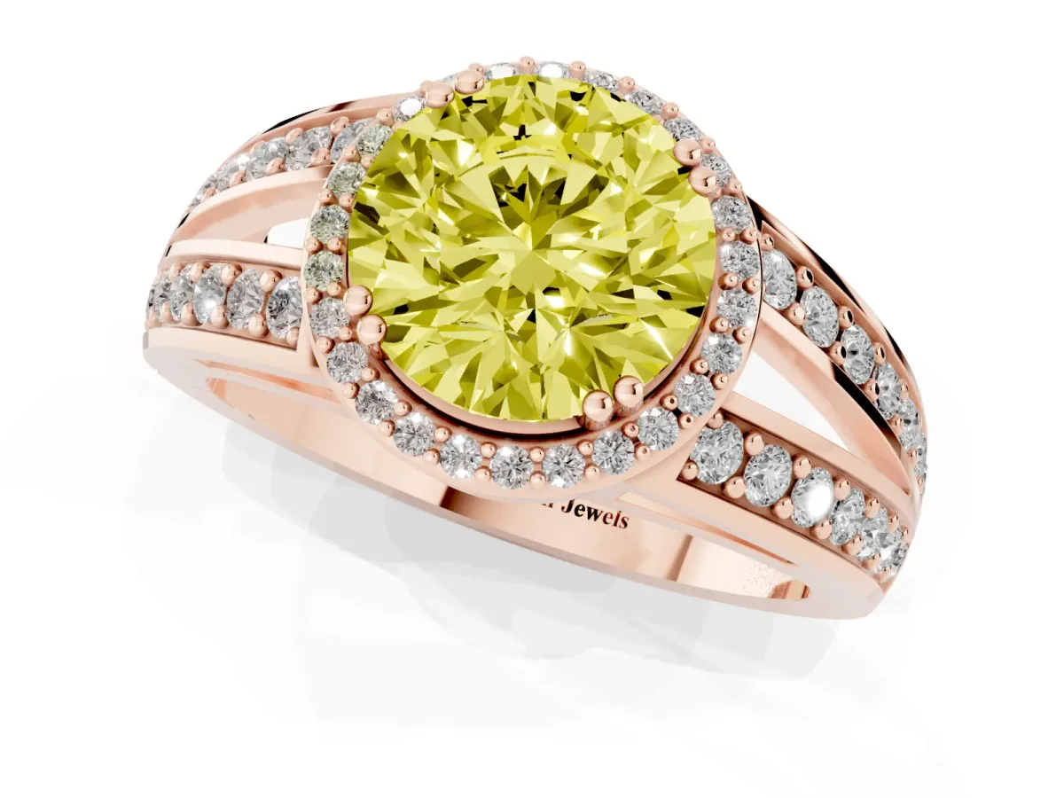 Fancy Yellow Round Cut Diamond Halo Ring with Split Shank Pavé Band and Four-Prong Setting Rose gold