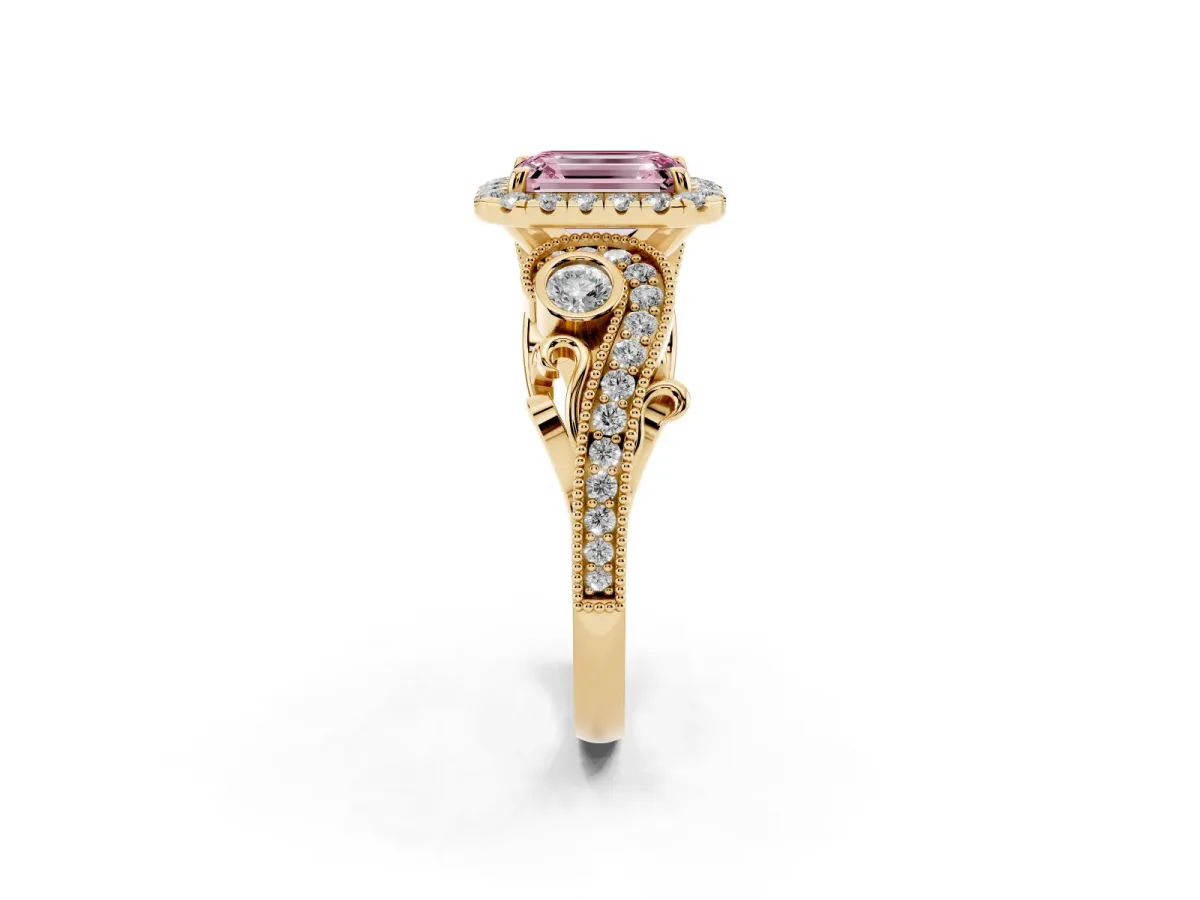 Fancy Pink Emerald Cut Diamond Halo Ring with Milgrain Pavé Band and Four-Prong Setting Yellow gold