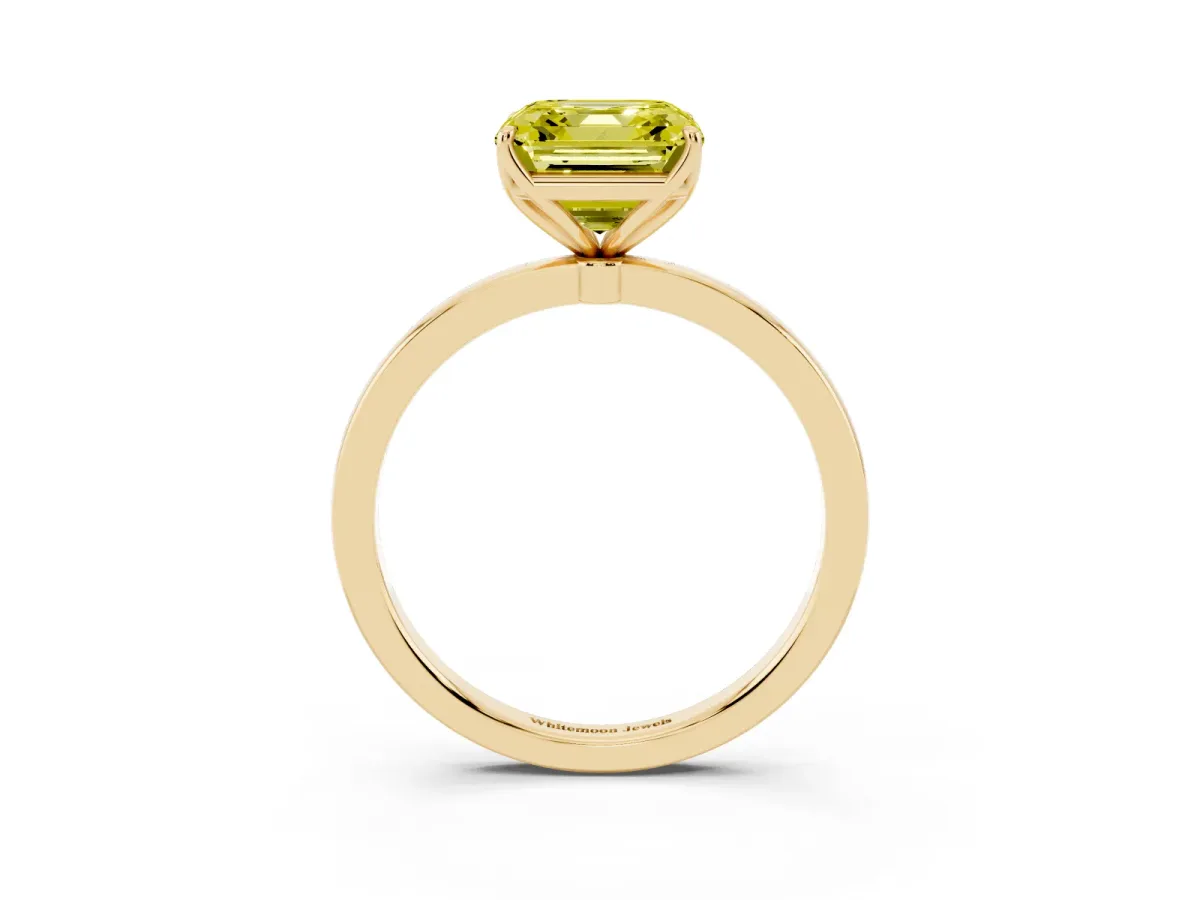 Fancy Yellow Asscher Cut Diamond Solitaire Ring with Thin Band and Prong Setting Yellow gold