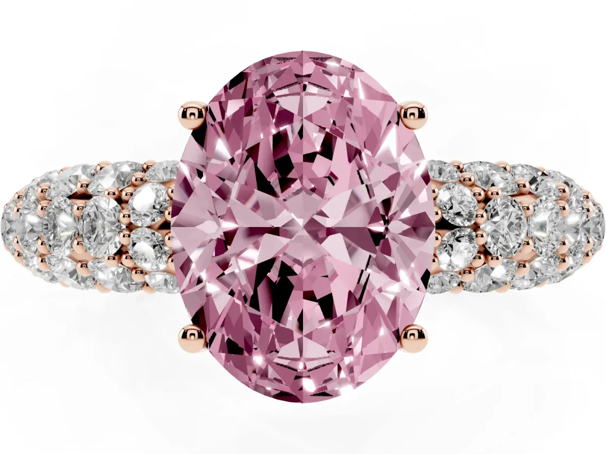 Fancy Pink Oval Cut Diamond Pavé Band Solitaire Ring with Four-Prong Setting Rose gold