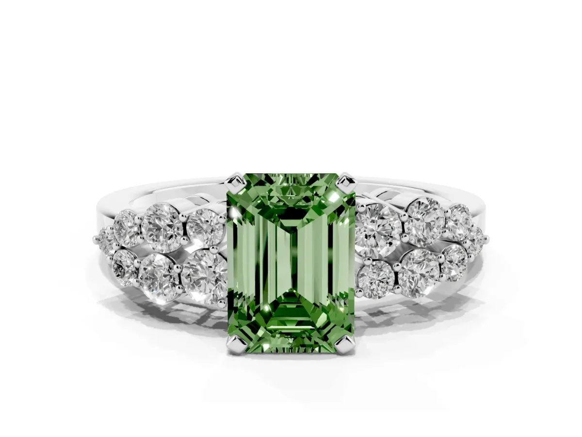 Fancy Green Emerald Cut Cluster Diamond Engagement Ring with Pavé Band and Four-Prong Setting Silver