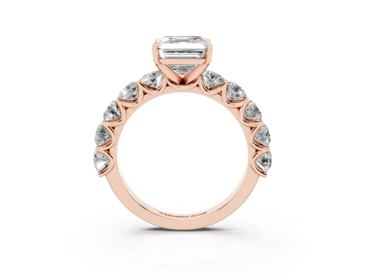 Asscher Cut Diamond Prong Setting with Side Stones on a Pave Band Rose gold
