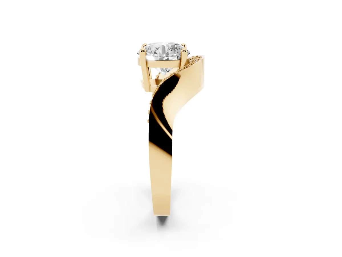Round Cut Solitaire Diamond Engagement Ring with Pave Band and Four-Prong Setting Yellow gold