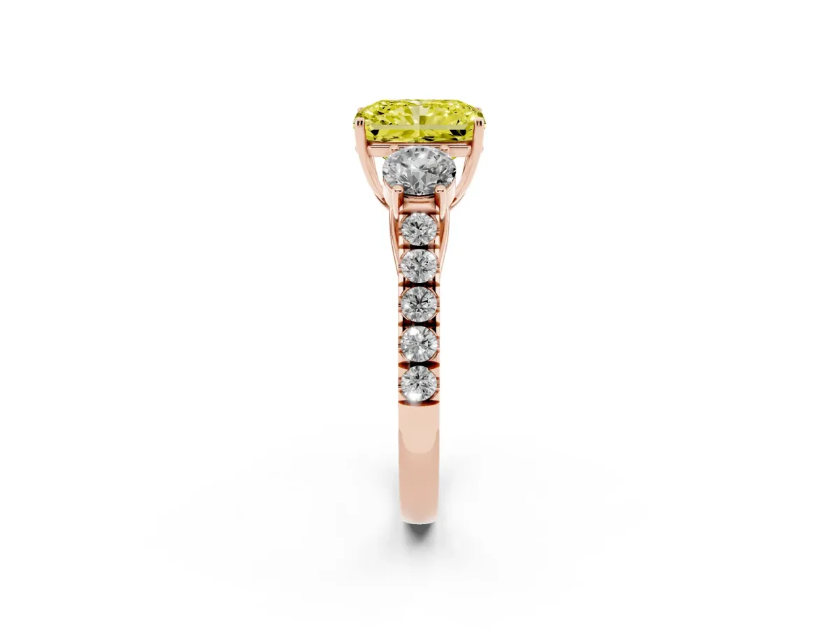 Fancy Yellow Radiant Cut Cut Diamond Three-Stone Ring with Round Side Stones and Pavé Band Rose gold