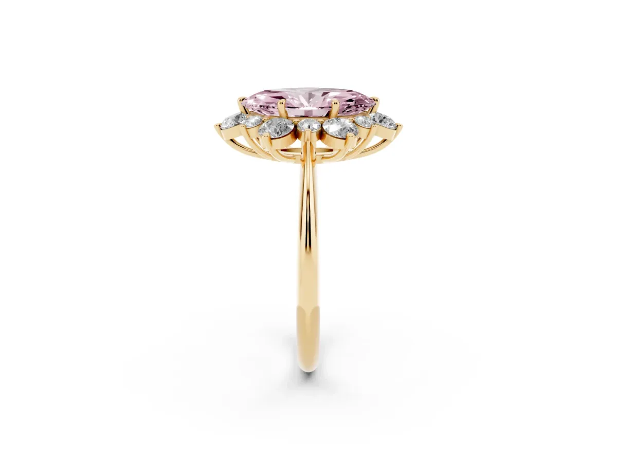Fancy Pink Marquise Cut Diamond Cluster Halo Ring with Solitaire Band and Four-Prong Setting Yellow gold