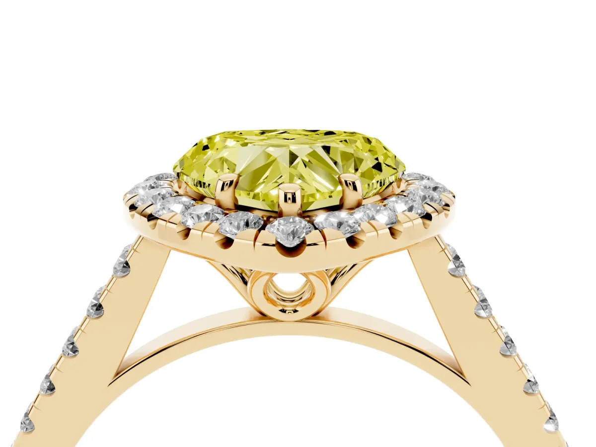 Fancy Yellow Heart Cut Halo Pavé Diamond Engagement Ring with Four-Prong Setting Yellow gold