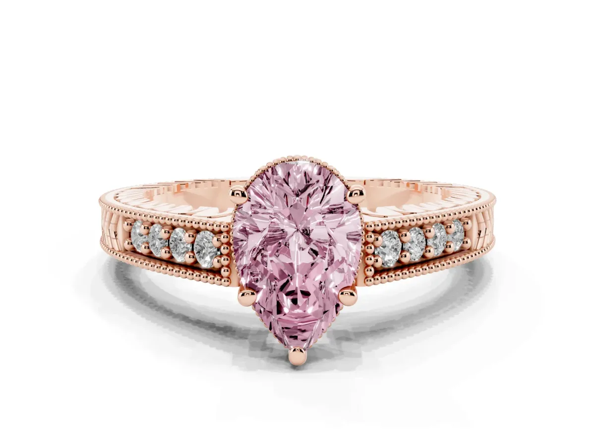 Fancy Pink Pear Cut Solitaire Pavé Diamond Milgrain Engagement Ring with Four-Prong Setting Rose gold