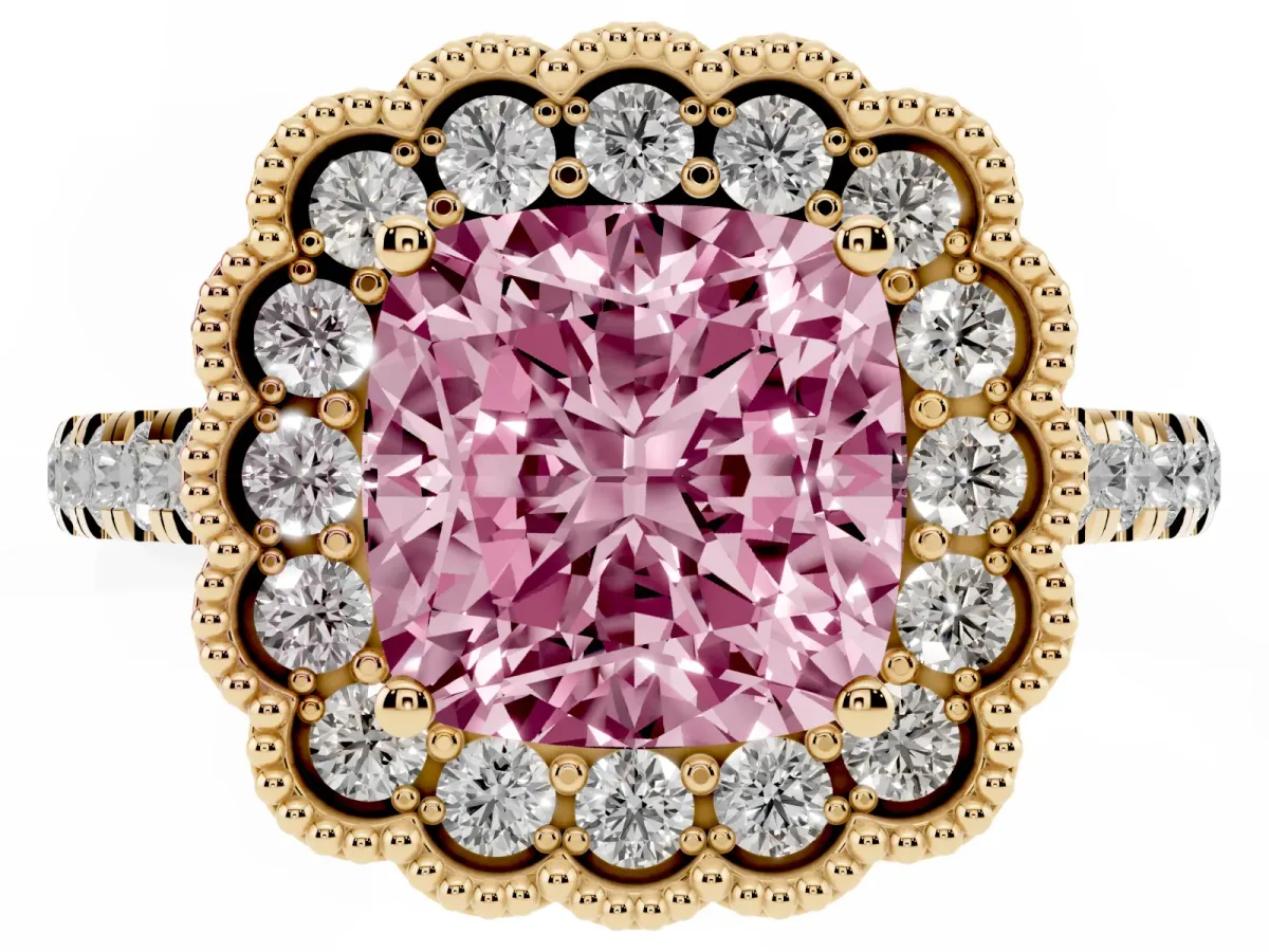 Fancy Pink Cushion Cut Cut Diamond Milgrain Floral Halo Engagement Ring with Pavé Band Yellow gold