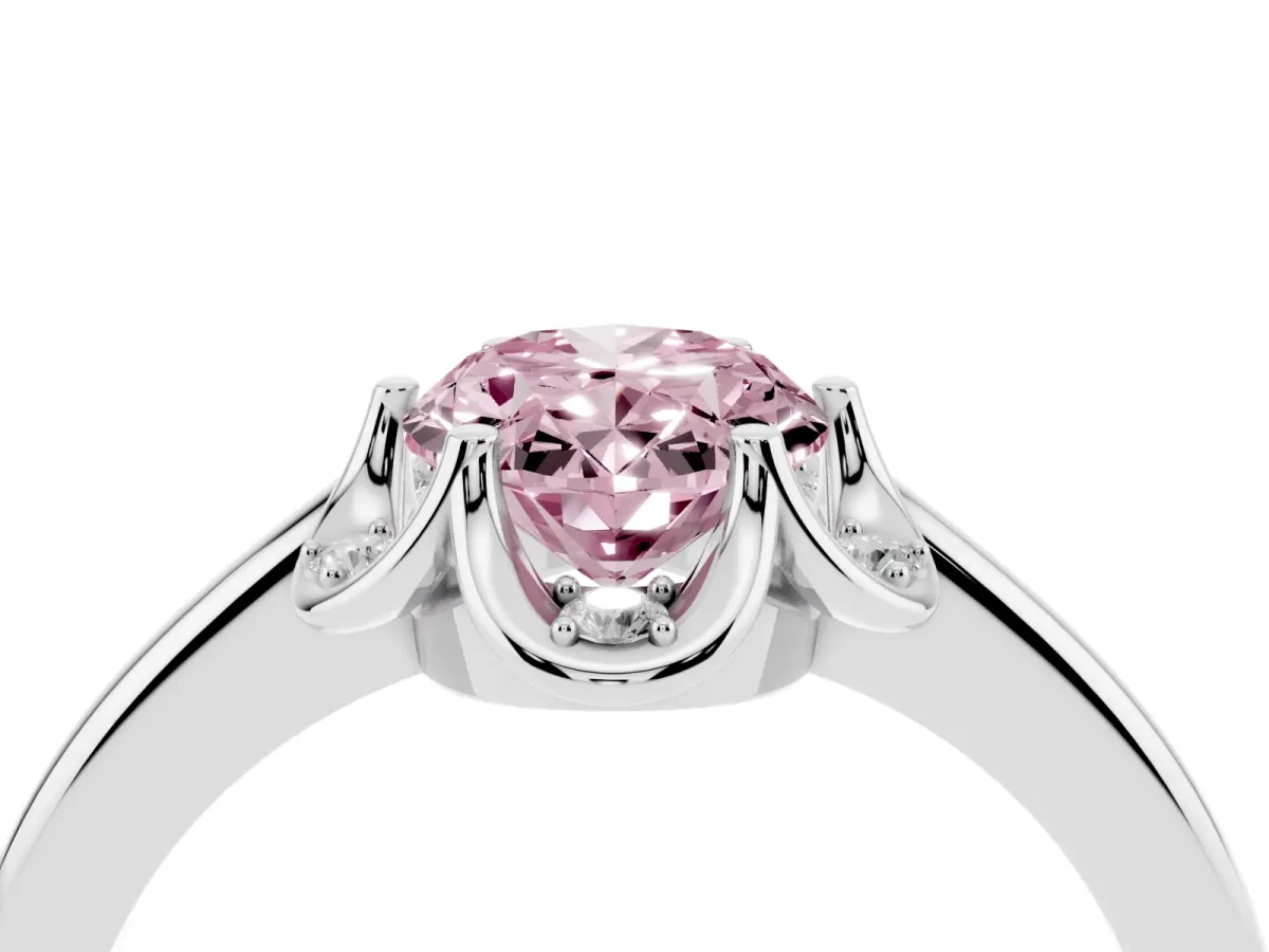 Fancy Pink Oval Cut Halo Diamond Ring with Round Cluster Setting, Solitaire Band, and Four-Prong Setting White gold