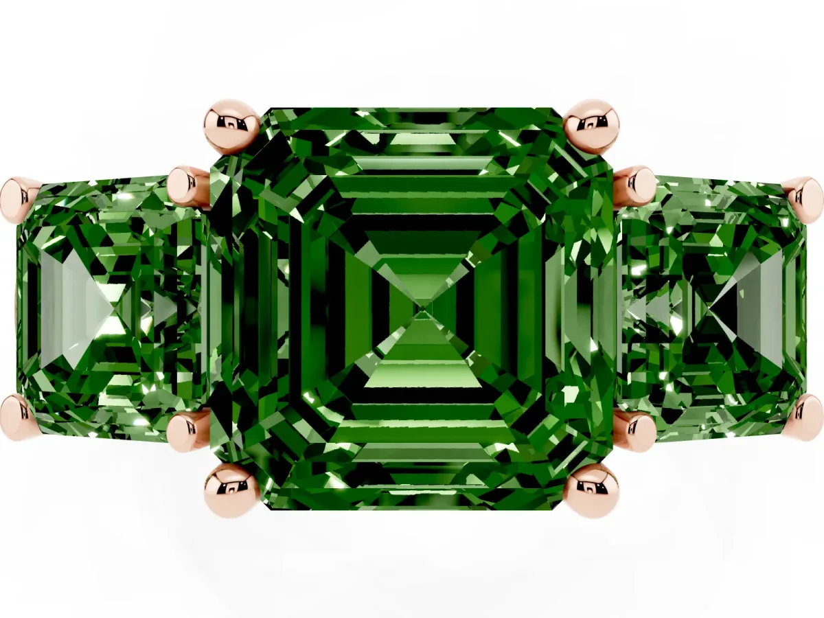 Fancy Green Three-Stone Asscher Cut Brilliant Diamond Trellis Ring with Comfort Fit Band Rose gold