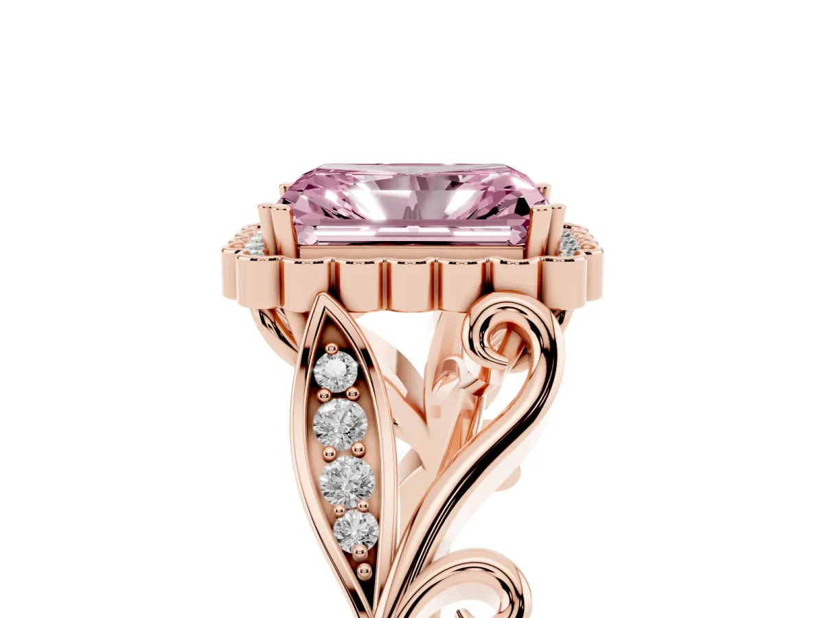 Fancy Pink Radiant Cut Diamond Halo Ring with Vintage Split Shank and Four-Prong Setting Rose gold