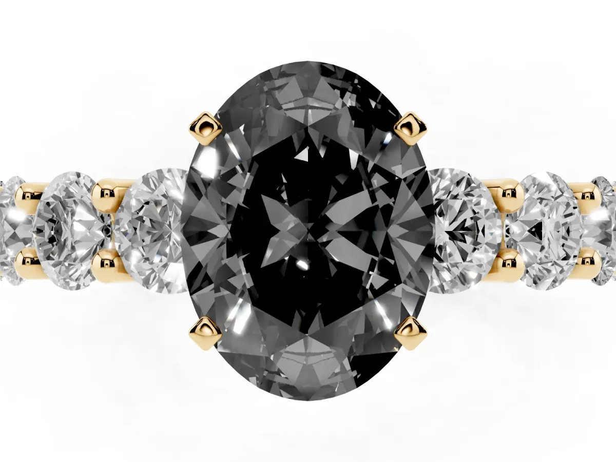 Fancy Black Oval Cut Diamond Prong Setting with Side Stones on a Pave Band Yellow gold