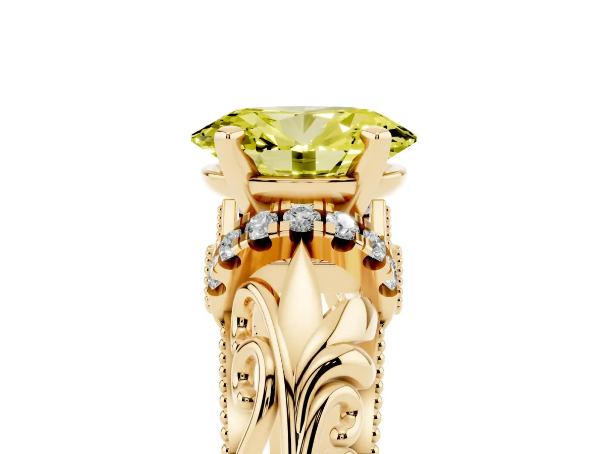 Fancy Yellow Oval Cut Solitaire Filigree Engagement Ring with Halo and Prong Setting Yellow gold