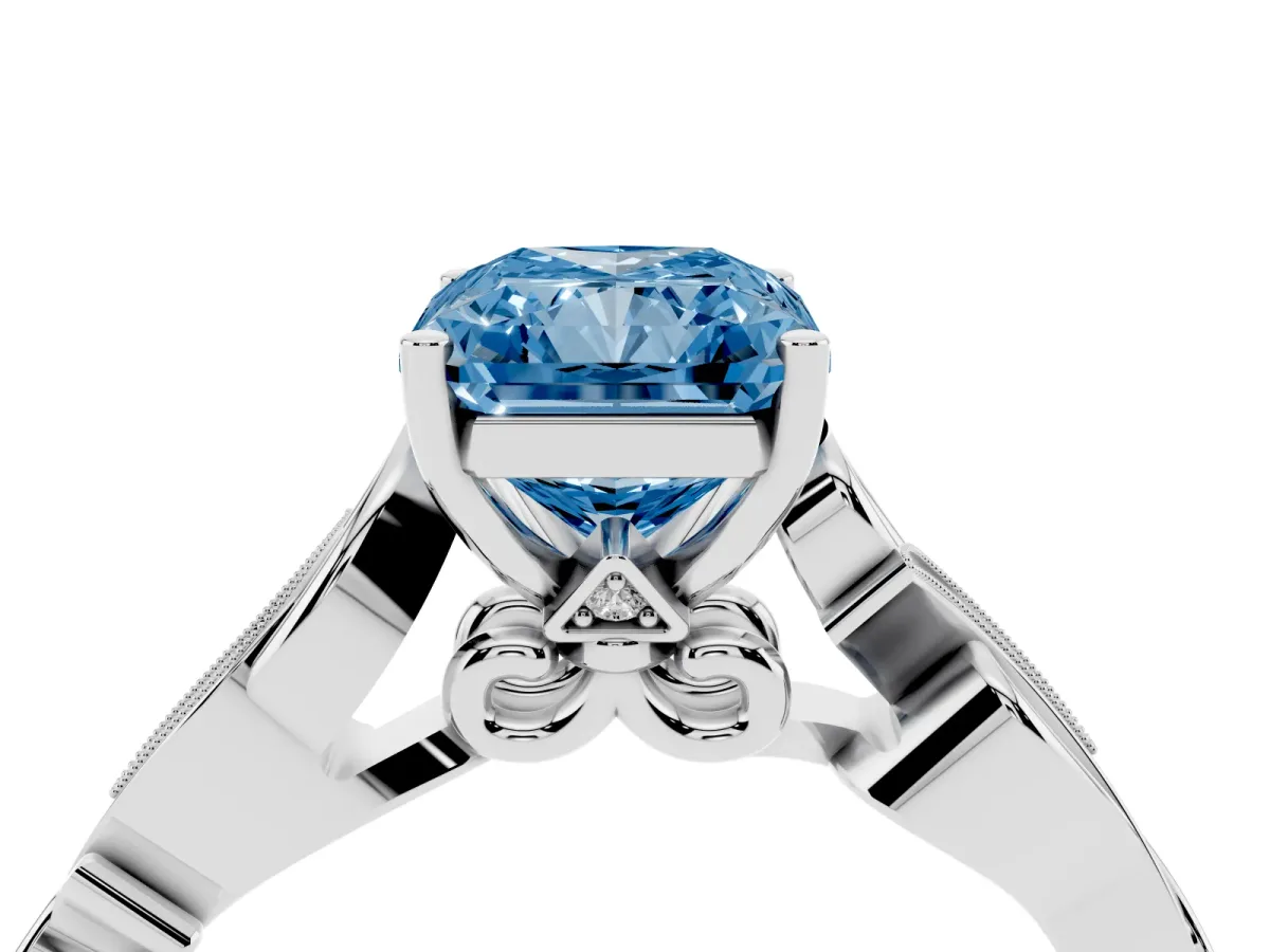 Fancy Blue Radiant Cut Solitaire Vine Band with Milgrain Prong Setting Platinum