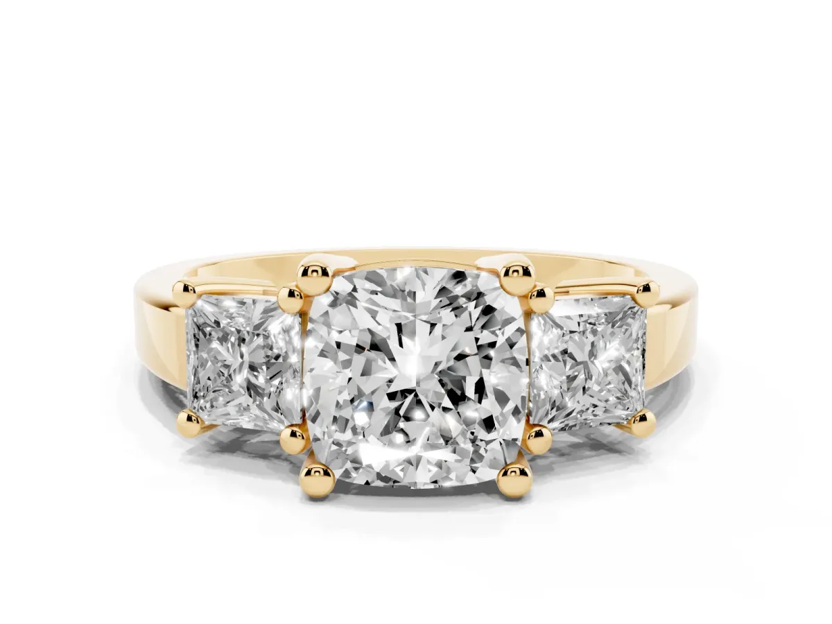 Three-Stone Cushion Cut Cut Solitaire Ring with Prong Setting Yellow gold