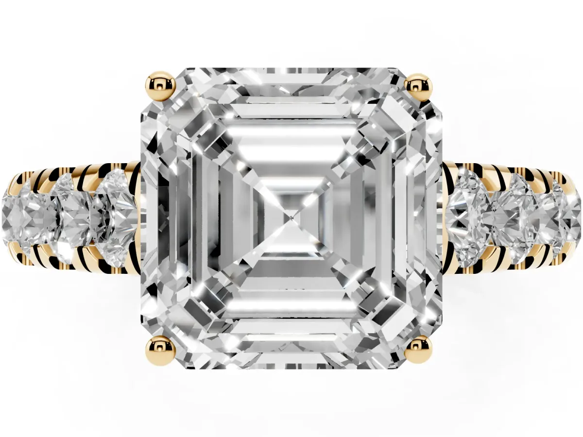 Asscher Cut Cut Diamond Solitaire Ring with Micro Pave Band and Prong Setting Yellow gold